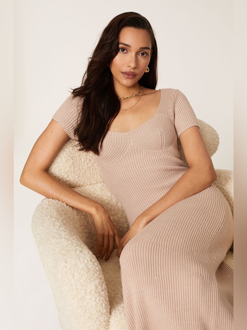 Staud Camden tan short sleeve maxi bustier rib knit dress S
